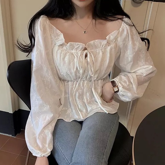 Floral embroidery cropped blouse top off shoulder shirt tie lantern sleeve - Picture 2 of 6